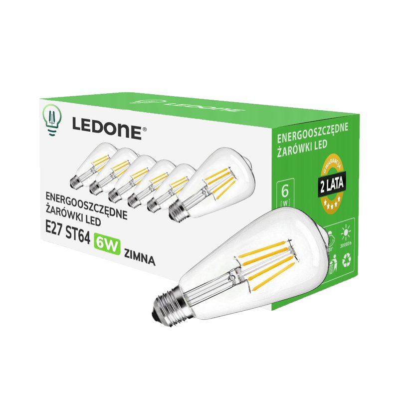 6x Żarówka LED filament E27 ST64 6W biała ZIMNA retro CLEAR Zestaw LEDOWY