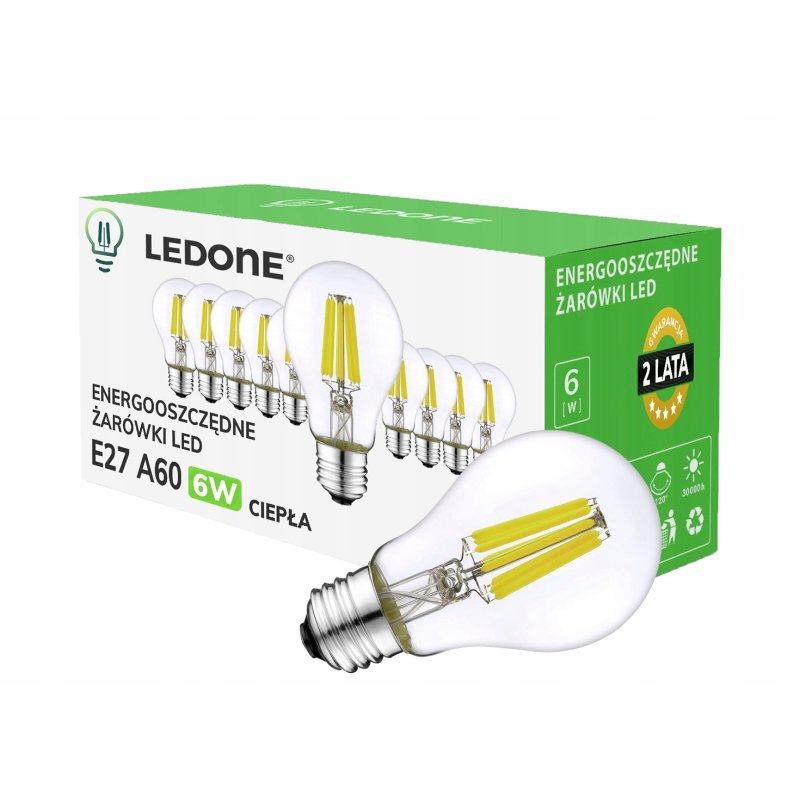 10x Żarówka LED filament E27 A60 6W biała CIEPŁA retro CLEAR Zestaw LEDOWY