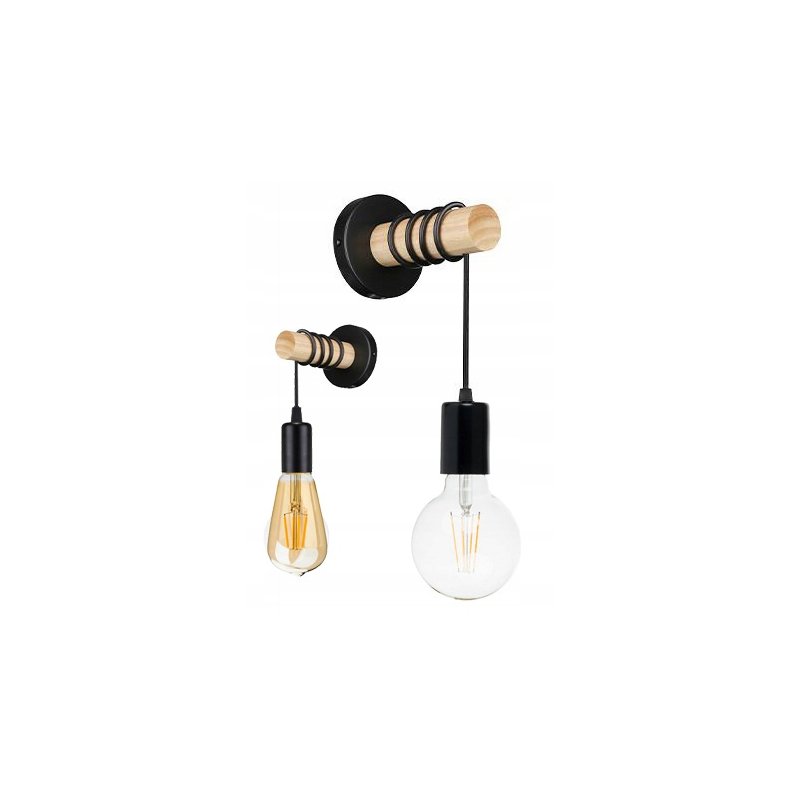 Lampa Kinkiet Ścienny drewniany na 1xE27 LED Zwis na kablu LOFT Czarny