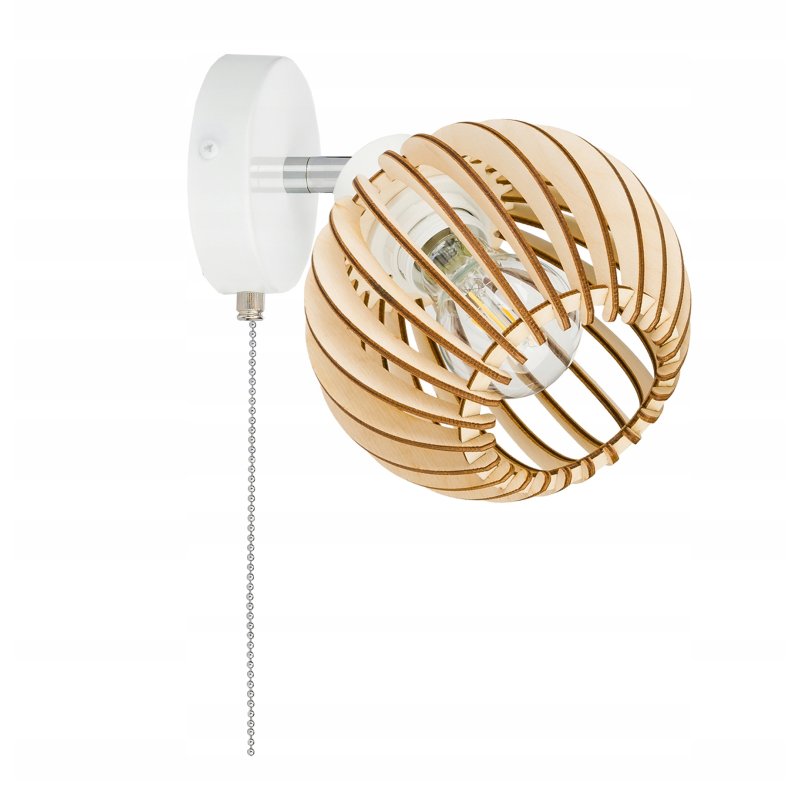 Lampa kinkiet na E27 ścienny loft kula drewno + włącznik on/off łańcuszkowy