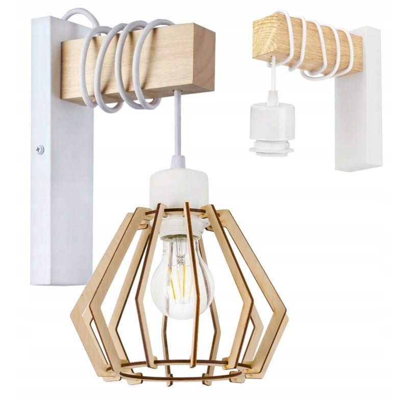 Lampa Kinkiet Ścienny drewniany LED Zwis na kablu klosz 1xE27 LOFT Biały