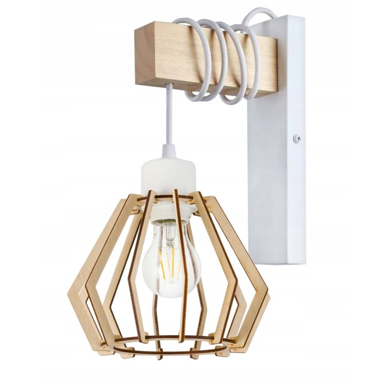 Lampa Kinkiet Ścienny drewniany LED Zwis na kablu klosz 1xE27 LOFT Biały