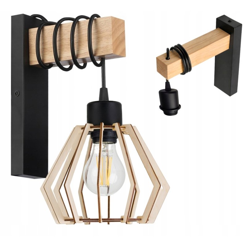 Lampa Kinkiet Ścienny drewniany LED Zwis na kablu klosz 1xE27 LOFT Czarny