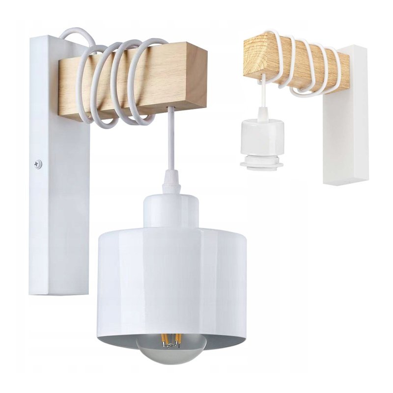 Lampa Kinkiet Ścienny drewniany LED Zwis na kablu klosz 1xE27 LOFT Biały