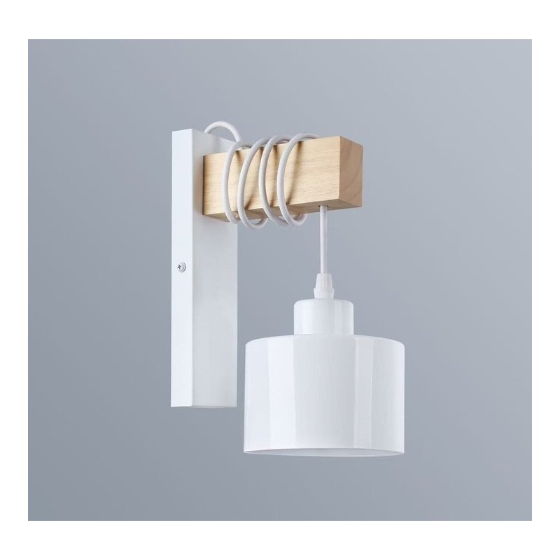 Lampa Kinkiet Ścienny drewniany LED Zwis na kablu klosz 1xE27 LOFT Biały