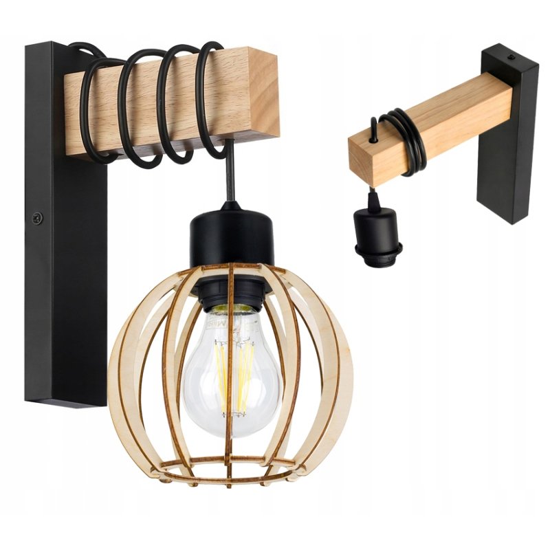 Lampa Kinkiet Ścienny drewniany LED Zwis na kablu klosz 1xE27 LOFT Czarny