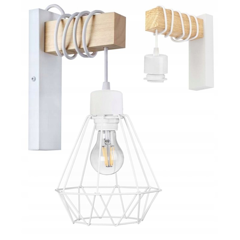 Lampa Kinkiet Ścienny drewniany LED Zwis na kablu klosz 1xE27 LOFT Biały
