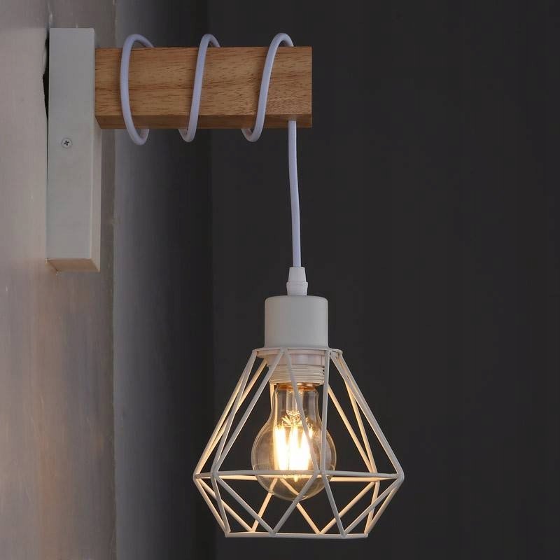 Lampa Kinkiet Ścienny drewniany LED Zwis na kablu klosz 1xE27 LOFT Biały