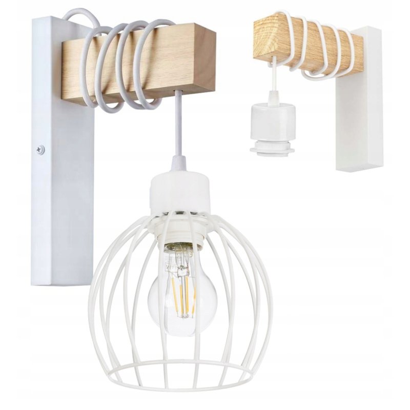 Lampa Kinkiet Ścienny drewniany LED Zwis na kablu klosz 1xE27 LOFT Biały