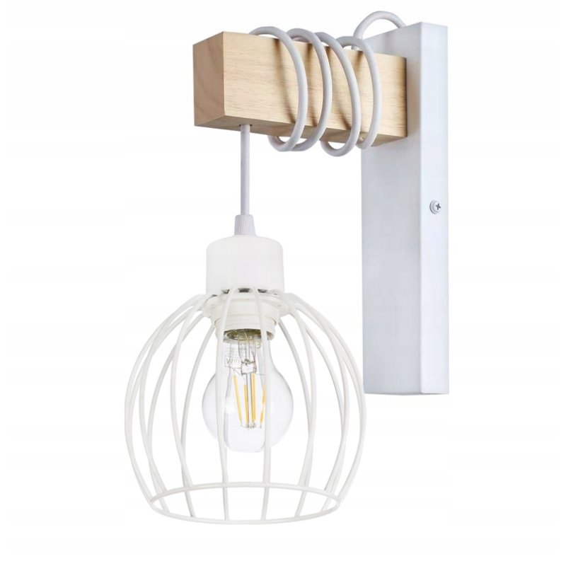 Lampa Kinkiet Ścienny drewniany LED Zwis na kablu klosz 1xE27 LOFT Biały
