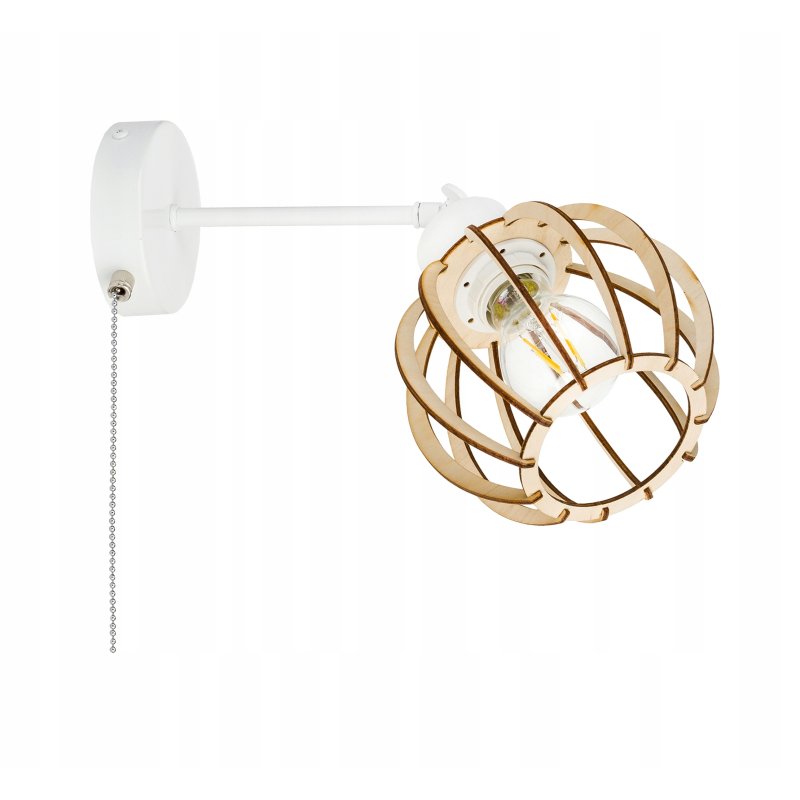 Lampa kinkiet na E27 ścienny loft kula drewno + włącznik on/off łańcuszkowy