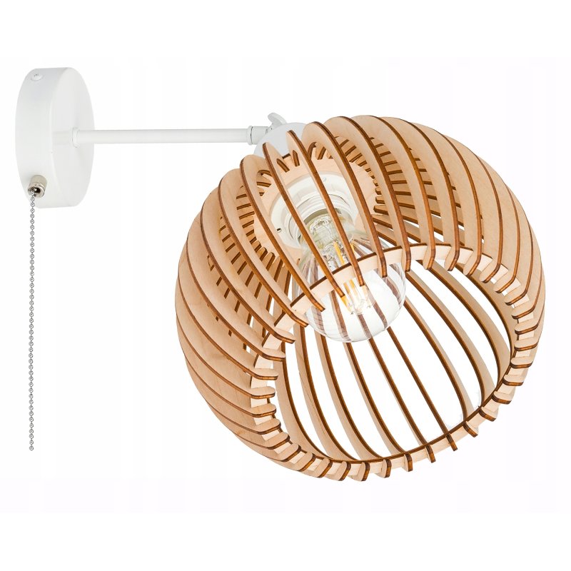 Lampa kinkiet E27 ścienny loft KULA XL drewno + włącznik on/off łańcuszkowy