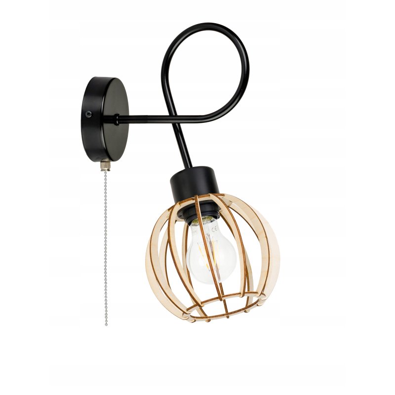 Lampa kinkiet na E27 ścienny loft kula drewno + włącznik on/off łańcuszkowy