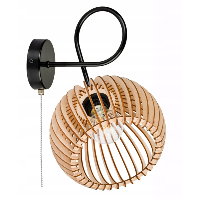 Lampa kinkiet E27 ścienny loft KULA XL drewno + włącznik on/off łańcuszkowy
