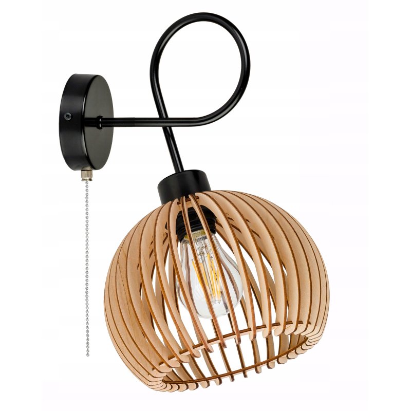 Lampa kinkiet E27 ścienny loft KULA XL drewno + włącznik on/off łańcuszkowy