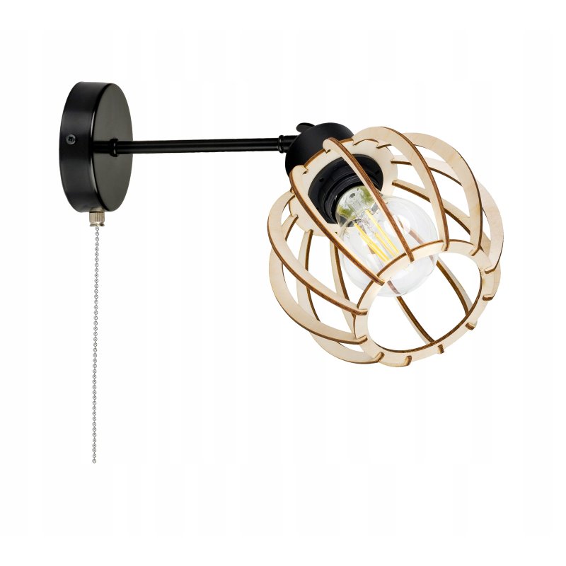 Lampa kinkiet na E27 ścienny loft kula drewno + włącznik on/off łańcuszkowy