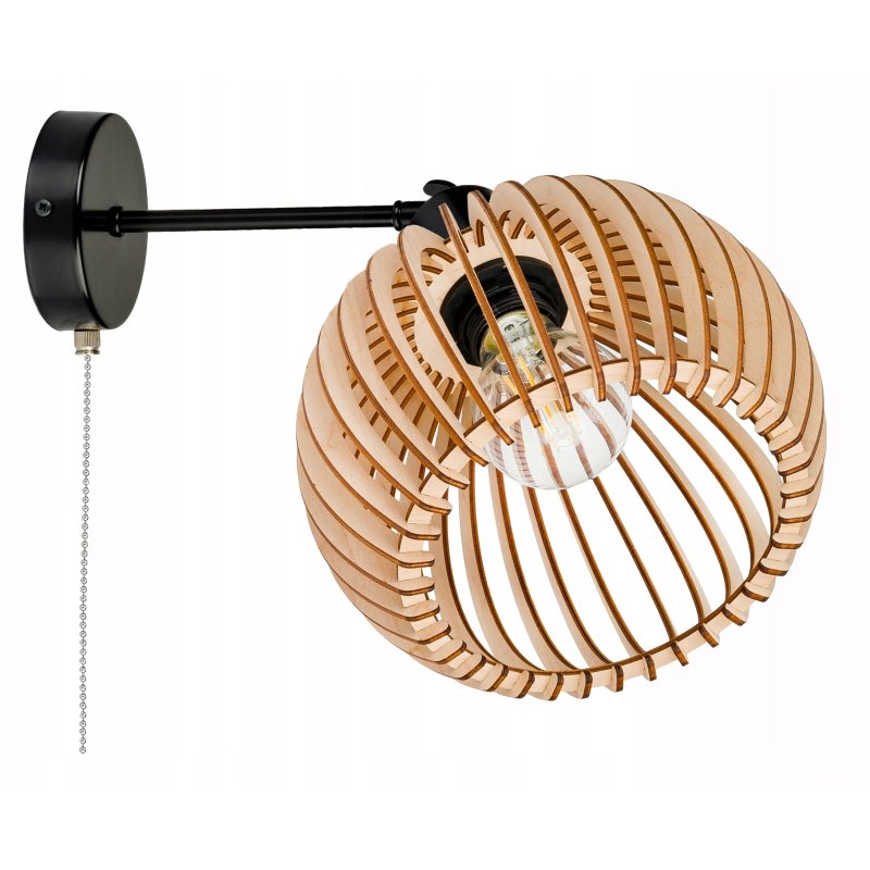 Lampa kinkiet E27 ścienny loft KULA XL drewno + włącznik on/off łańcuszkowy