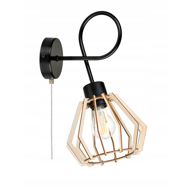 Lampa kinkiet E27 ścienny loft brylant drewno + włącznik on/off łańcuszkowy