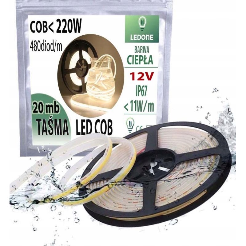 TAŚMA LED COB 12V 11w/m IP67 NEON linia CIEPŁA termococon wodoodporna 20MB