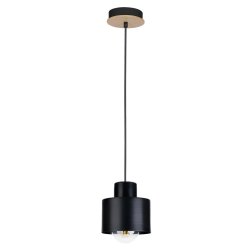 LAMPA wisząca sufitowa ŻYRANDOL zwis KUBEK metal CZARNY + DREWNO na 1x E27