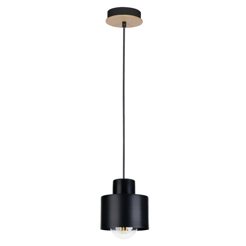 LAMPA wisząca sufitowa ŻYRANDOL zwis KUBEK metal CZARNY + DREWNO na 1x E27
