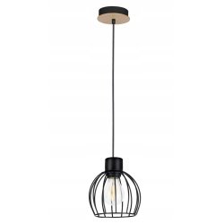 LAMPA wisząca sufitowa ŻYRANDOL zwis KULA metal CZARNY + DREWNO na 1x E27