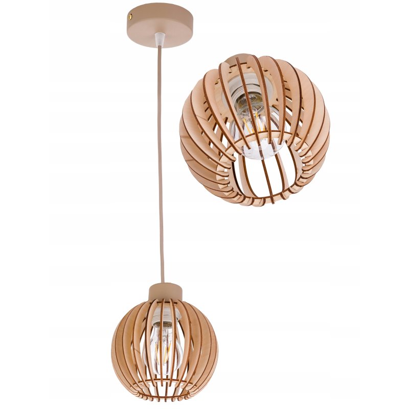 LAMPA WISZACA sufitowa zwis żyrandol E27 KASZMIR beż ecru klosz KULA drewno