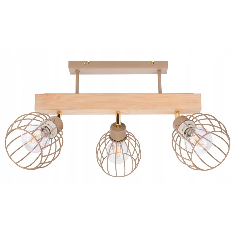 LAMPA drewniana belka sufitowa ŻYRANDOL PLAFON 3x KLOSZ KULA KASZMIR beż