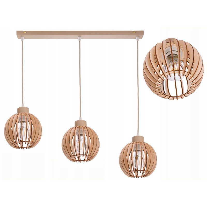LAMPA WISZACA sufitowa zwis żyrandol E27 KASZMIR beż ecru klosz KULA drewno