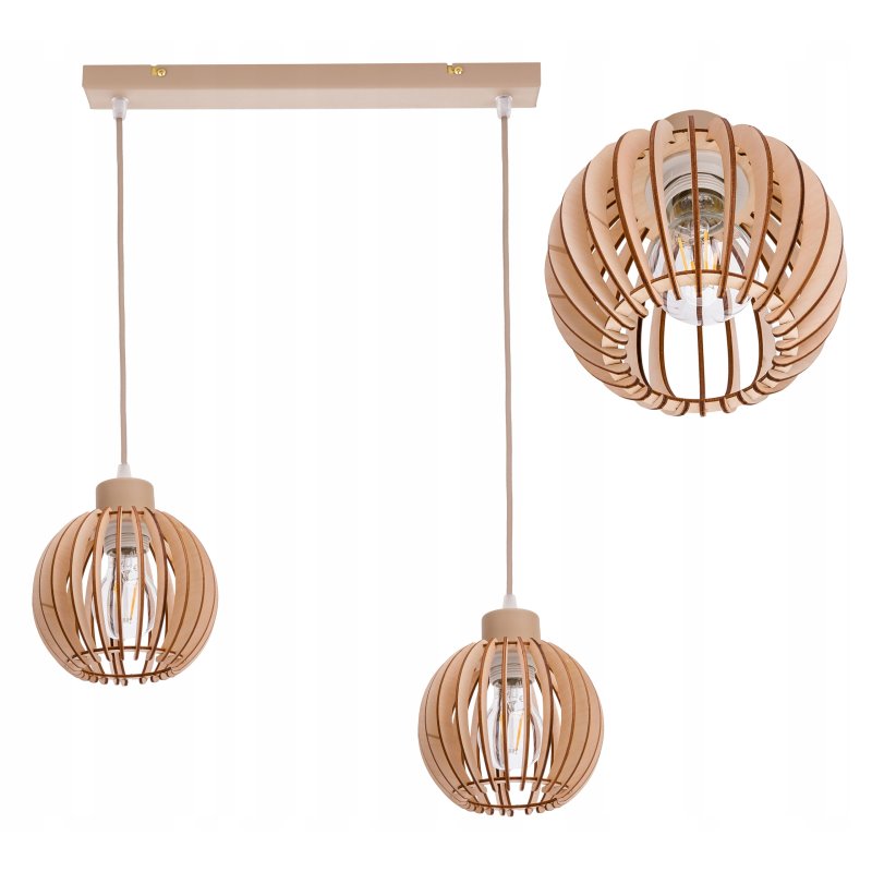 LAMPA WISZACA sufitowa zwis żyrandol E27 KASZMIR beż ecru klosz KULA drewno