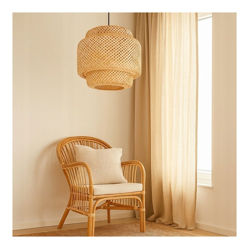 Lampa sufitowa wisząca ZWIS klosz pleciony BOHO jasne drewno na E27 136cm