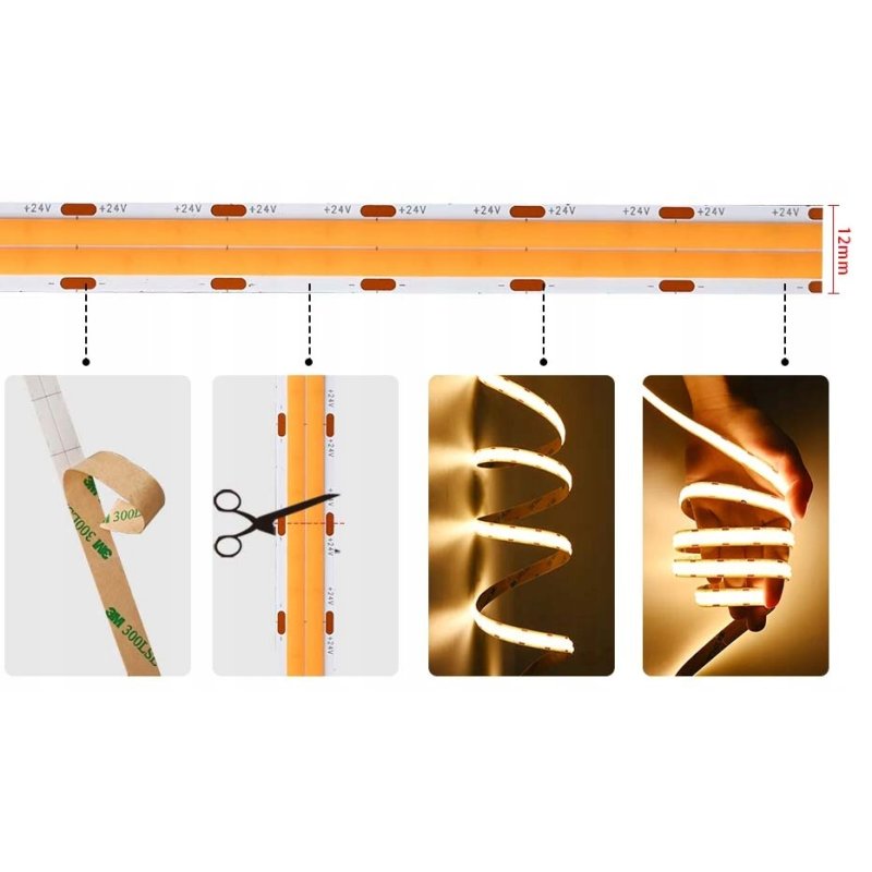 TAŚMA LED COB 24V super mocna 18w/m 1800 lm/m NEON linia DOUBLE ciepły 1M