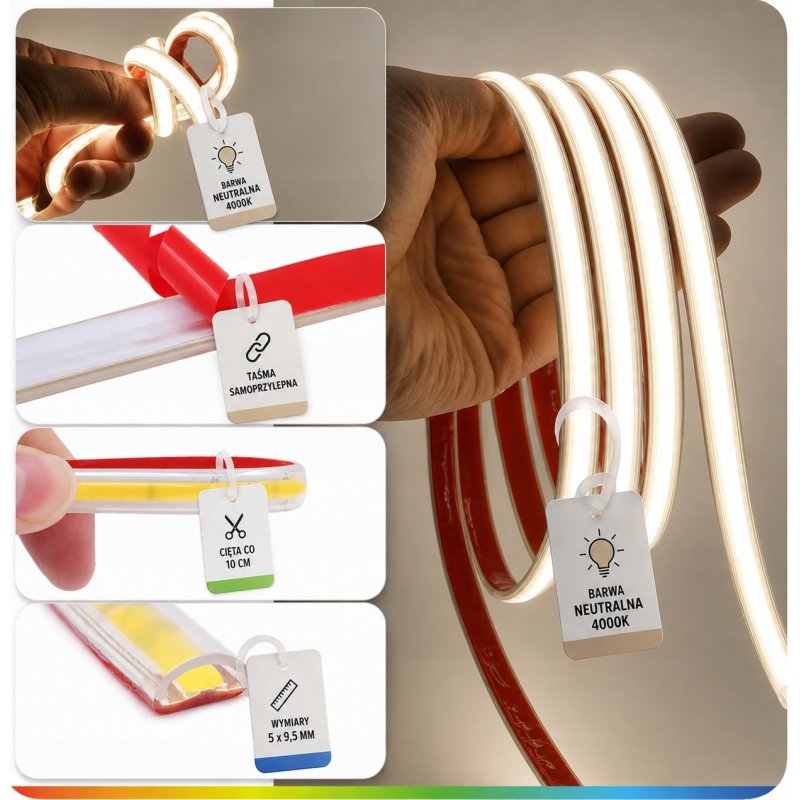 TAŚMA LED COB 1mb 230V 12W IP65 NEUTRALNA IP67 bez zasilacza Hivolt co 10cm