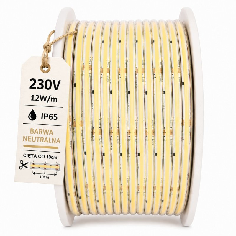 TAŚMA LED COB 1mb 230V 12W IP65 NEUTRALNA IP67 bez zasilacza Hivolt co 10cm