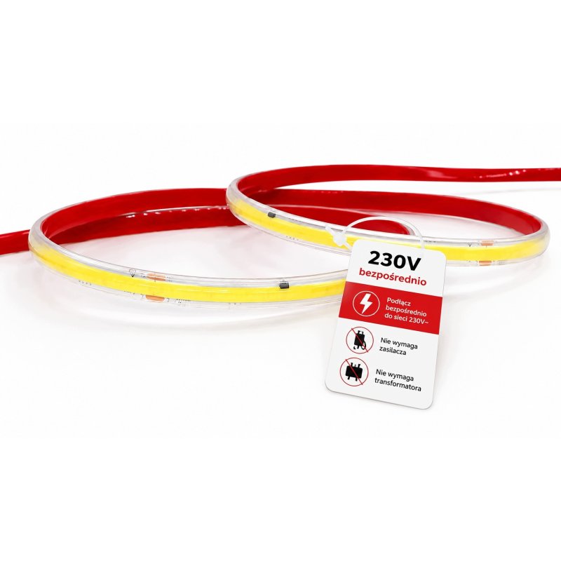 TAŚMA LED COB 1mb 230V 12W IP65 ZIMNA IP67 bez zasilacza Hivolt co 10cm