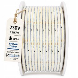 TAŚMA LED COB 1mb 230V 12W IP65 ZIMNA IP67 bez zasilacza Hivolt co 10cm