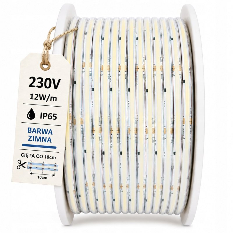 TAŚMA LED COB 1mb 230V 12W IP65 ZIMNA IP67 bez zasilacza Hivolt co 10cm