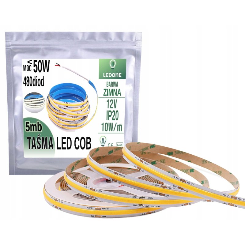 Taśma LED COB 480 diod na metr 12V Neon Zimny 5m linia światła LED PRO