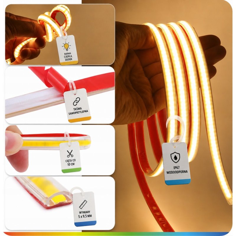 TAŚMA LED COB 1mb 230V 12W IP65 CIEPŁA IP67 bez zasilacza Hivolt co 10cm