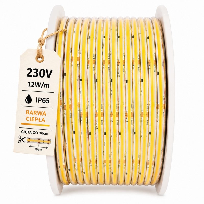 TAŚMA LED COB 1mb 230V 12W IP65 CIEPŁA IP67 bez zasilacza Hivolt co 10cm