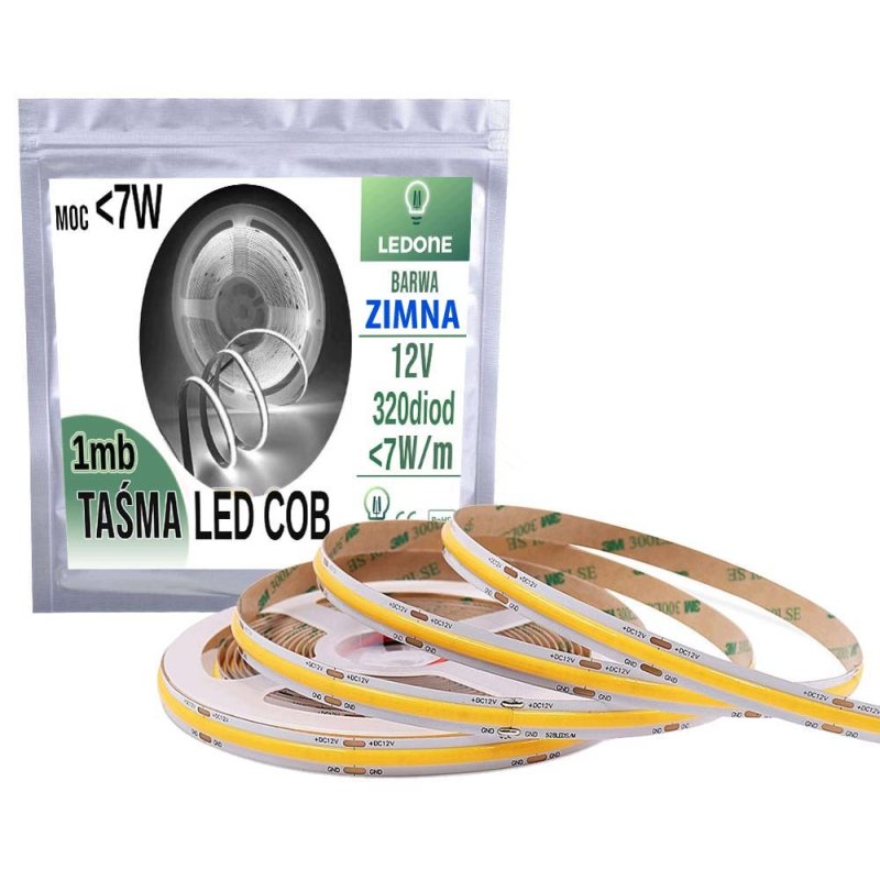 Taśma dekoracyjna LED COB linia 12V 7W/mb Neon biała Zimna 320diod 1m