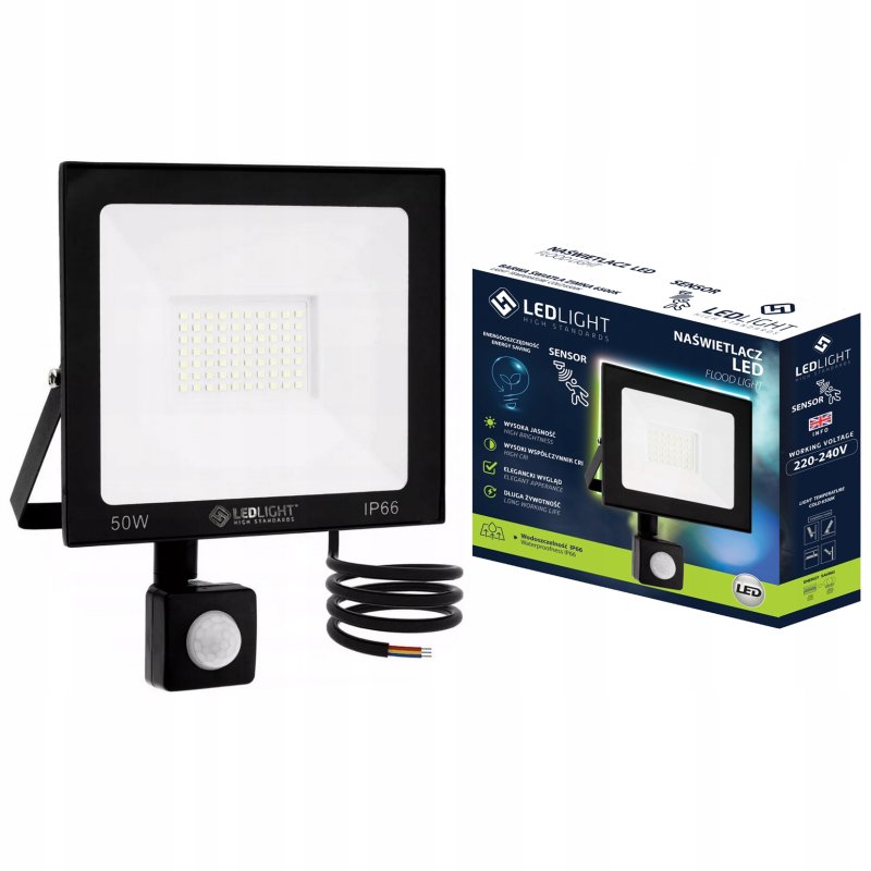 HALOGEN LED 50W NAŚWIETLACZ z czujnikiem ruchu PIR SLIM IP66 ROBOCZY zimny