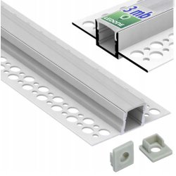 PROFIL ALU 12mm LED srebrny do PŁYTEK gres gips + KLOSZ mleczny Zaślepki 3m