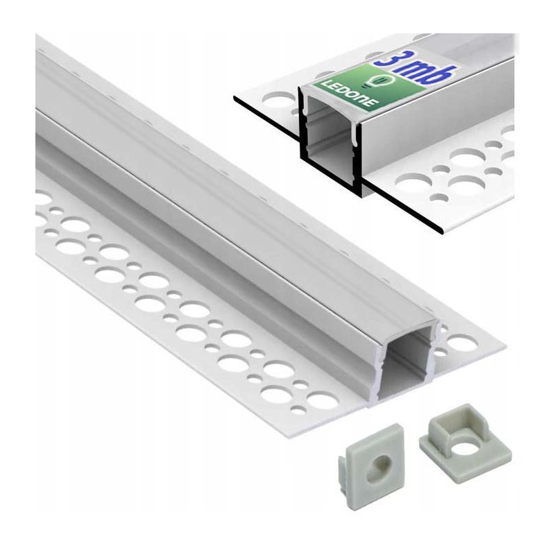 PROFIL ALU 12mm LED srebrny do PŁYTEK gres gips + KLOSZ mleczny Zaślepki 3m