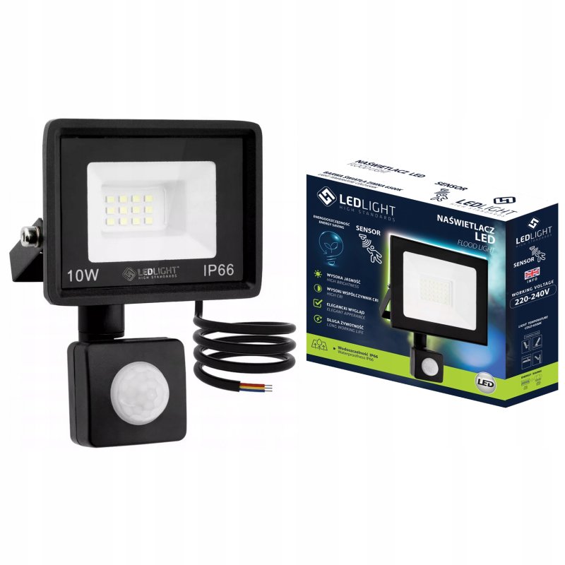 HALOGEN LED 10W NAŚWIETLACZ z czujnikiem ruchu PIR SLIM IP66 ROBOCZY zimny