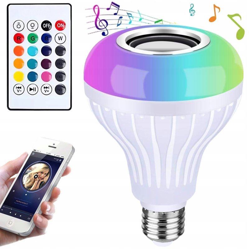 ŻARÓWKA LED E27 RGB KOLOROWA sterowana na Pilota IR z głośnikiem BLUETOOTH