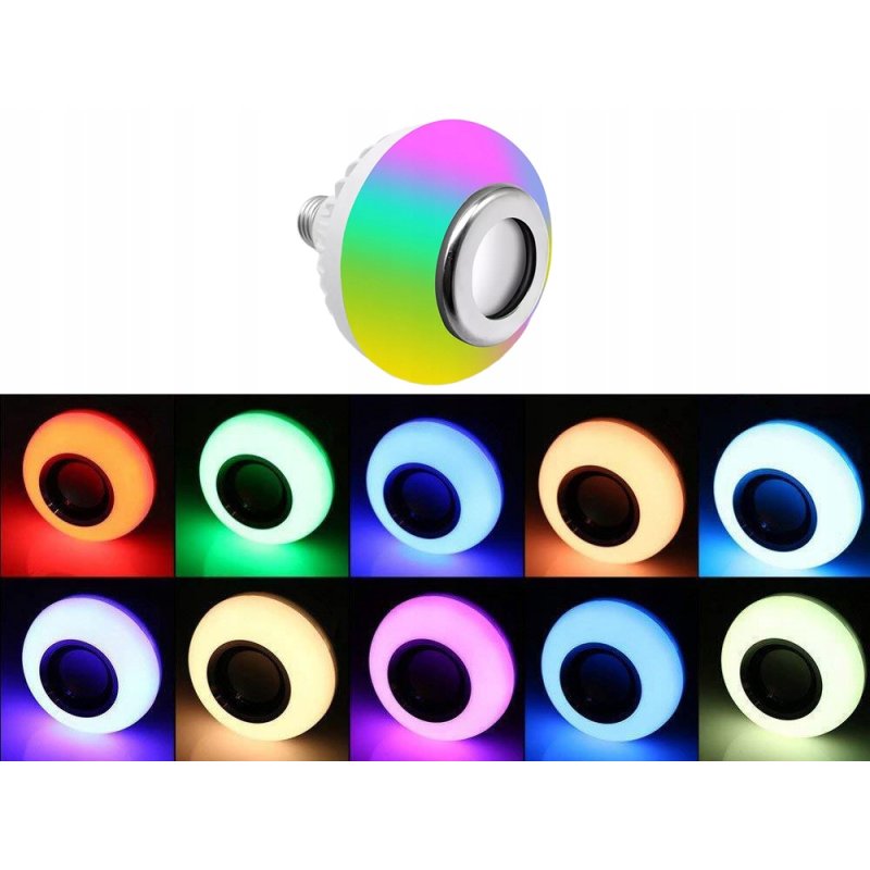 ŻARÓWKA LED E27 RGB KOLOROWA sterowana na Pilota IR z głośnikiem BLUETOOTH