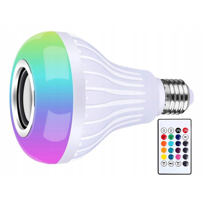 ŻARÓWKA LED E27 RGB KOLOROWA sterowana na Pilota IR z głośnikiem BLUETOOTH