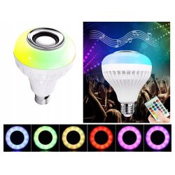 ŻARÓWKA LED E27 RGB KOLOROWA sterowana na Pilota IR z głośnikiem BLUETOOTH