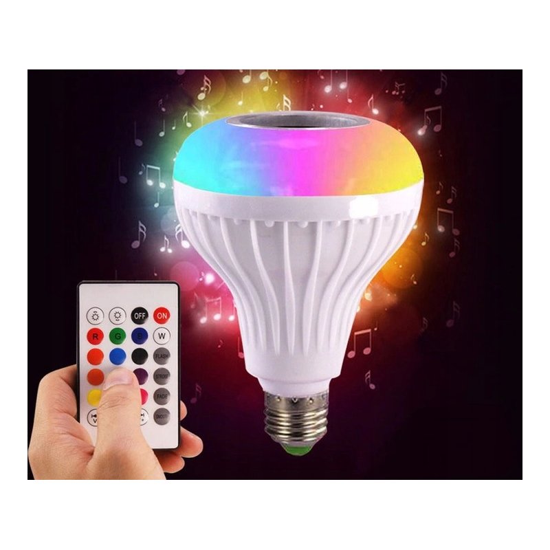 ŻARÓWKA LED E27 RGB KOLOROWA sterowana na Pilota IR z głośnikiem BLUETOOTH